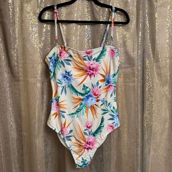 Shade & Shore Tropical High Leg Bandeau Cheeky One Piece Swimsuit XL NWOT - Picture 1 of 9